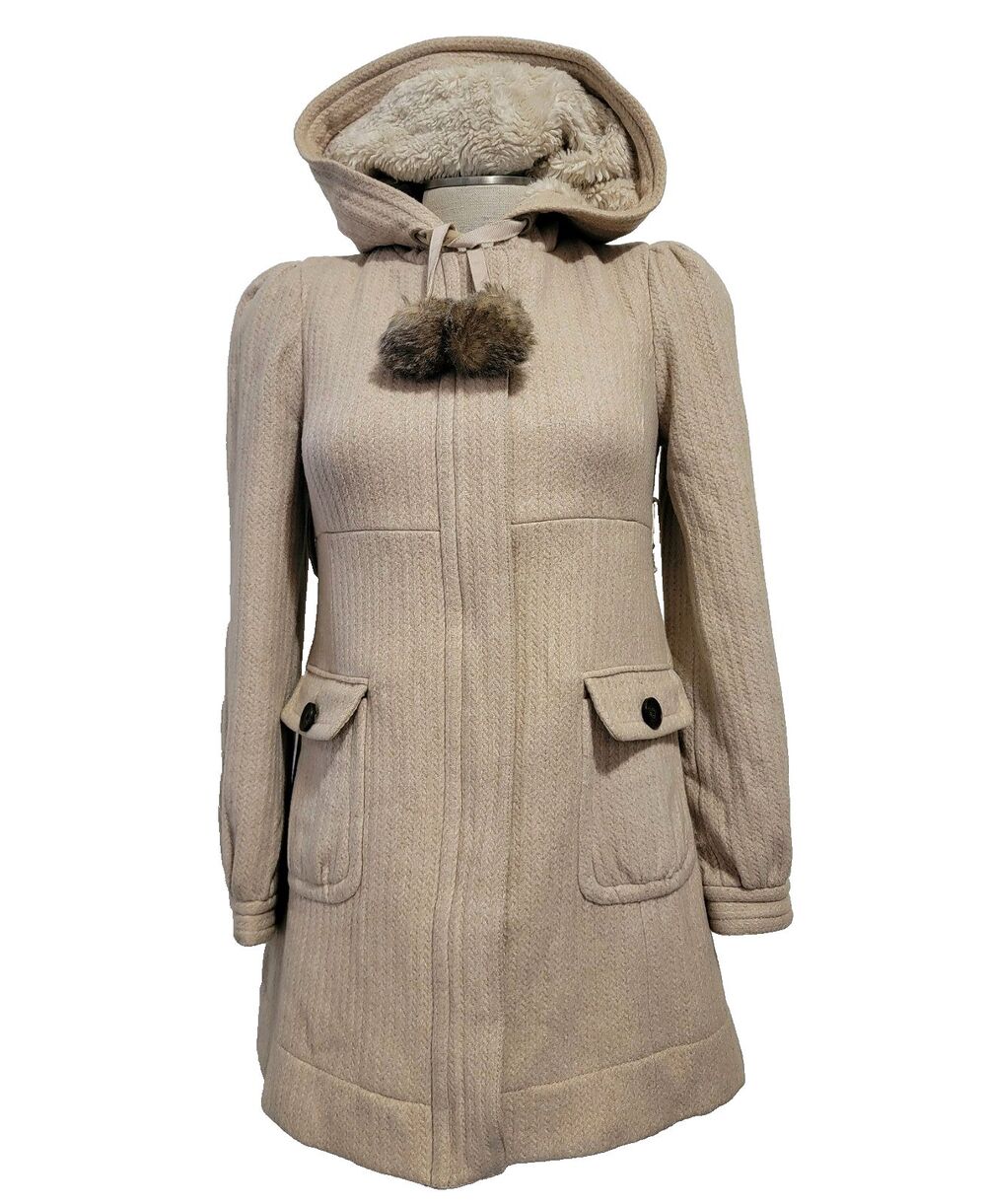 Juicy Couture Y2K Vintage Coquette Wool Hooded Jacket Coat Beige Cream Women S/P